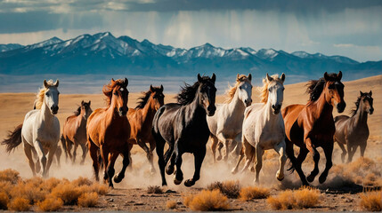 Thundering Horses Majestic Gallop Through Mountain Steppes