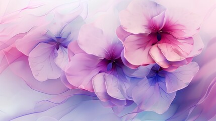 Serene flowing calming purple flowers, Illustration of transparent abstract purple flowers, Floral botanical artwork, AI generated