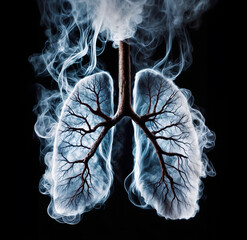 A pair of transparent lungs surrounded by thick white smoke. The smoke forms a dark background, while the lungs themselves are filled with dark branches that resemble a tree. 