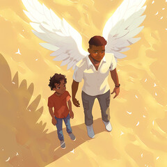 Father's Day father and son one black kid with white angel wings is standing 