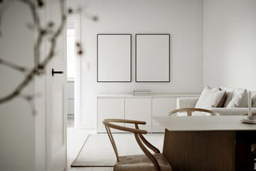 Mockup of two poster frames (Din A) in the dinning room interior. Minimalistic apartment design: Light gray interior with a poster frame. Laconic apartment design: light room with beige accents - obrazy, fototapety, plakaty