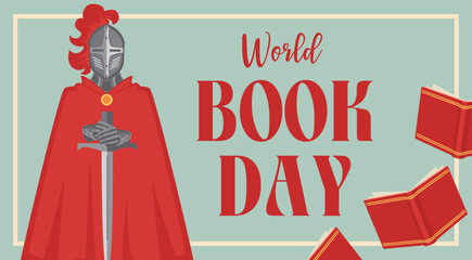 world book day knight saint george with book background banner