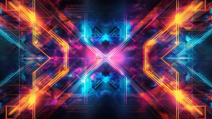 Electric blue and purple neon lights form a complex, symmetrical mandala pattern, evoking a sense of digital spirituality.