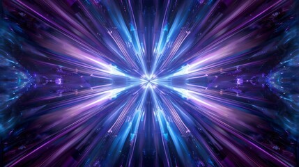 A distorted image of an electric blue light emitting rays from the center, resembling a lens flare. The colors mix with purple and violet, creating a symmetrical pattern in a spacelike setting
