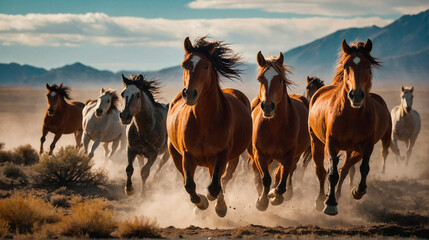 Thundering Horses Majestic Gallop Through Mountain Steppes - obrazy, fototapety, plakaty