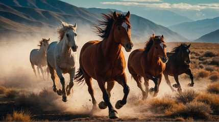 Thundering Horses Majestic Gallop Through Mountain Steppes