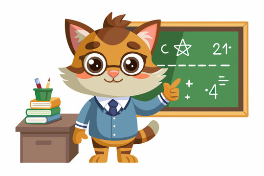 a math teacher cat in the classroom vector illustration