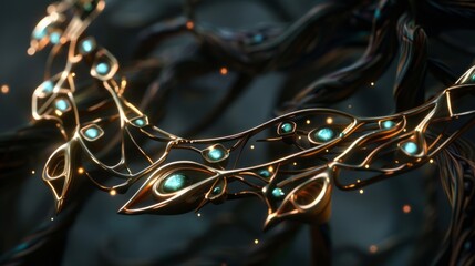 A gold necklace designed by a futuristic AI featuring organic shapes and bioluminescent elements that glow softly in the dark
