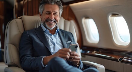 Confident mature businessman using smartphone while traveling in luxury private airplane