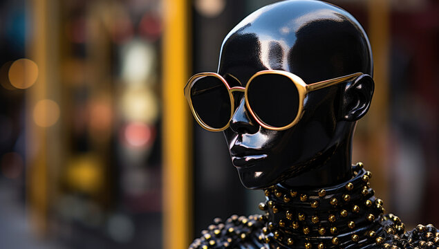 Fashion mannequin with glossy black skin and gold-studded collar wearing round sunglasses.
