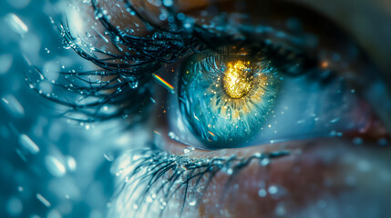 Macro close-up of a blue eye with dew drops