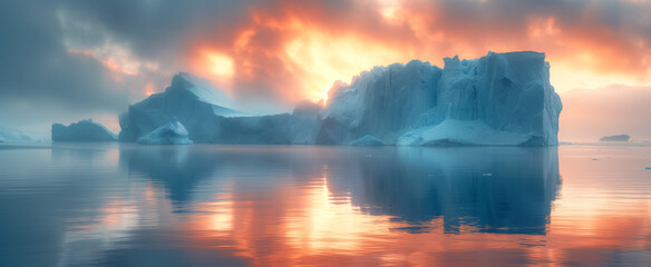 Majestic iceberg silhouettes under burning sky at sunset