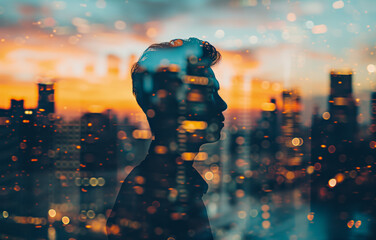 Contemplative young man silhouette against cityscape - 773951865