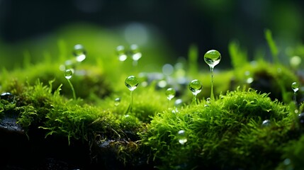 Close-up of fresh green moss still with visible dew drops growing - obrazy, fototapety, plakaty