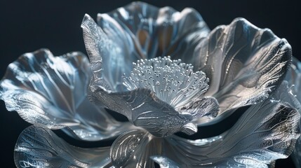 A macro photograph capturing the intricate details of a silver flower against a dark backdrop, showcasing the beauty of nature and symmetry in art