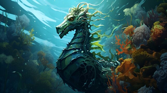 A whimsical seahorse swimming in the ocean depths
