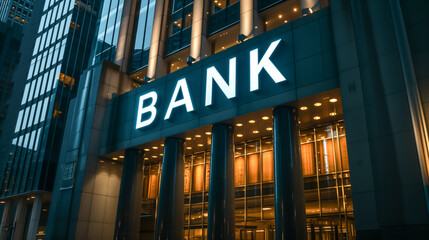 Modern bank building entrance illuminated at dusk - 773952047