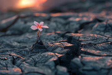 Craft an image of a miniature flower plant blooming amidst the cracked surface of a dormant volcano, where life finds a way in the most unlikely of environments