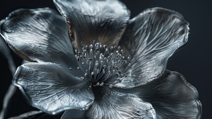 A macro photograph capturing the intricate details of a silver flowers against a dark backdrop, showcasing the beauty of nature and symmetry in art