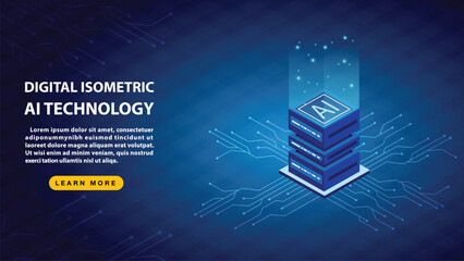 Digital isometric AI technology on blue background, Big data, Cloud computing, Machine learning, Vector illustration.