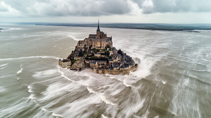 Mont-Saint-Michel and its surrounding bay in stormy wheather. - obrazy, fototapety, plakaty