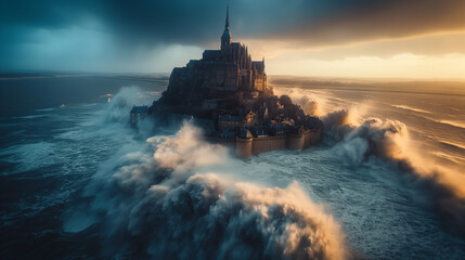 Fototapeta premium Mont-Saint-Michel and its surrounding bay in stormy wheather.