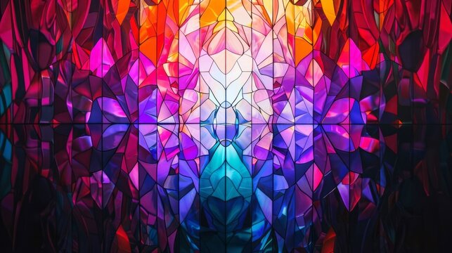The art piece resembles a stained glass window with a rainbow of colors including purple, violet, magenta, and electric blue. The pattern showcases tints and shades in a symmetrical display device