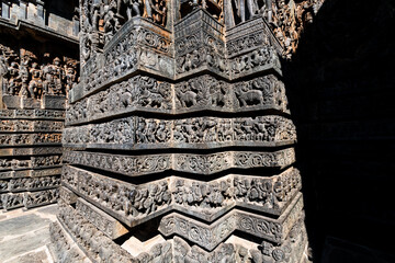 Hindu mythological carvings on the walls of the ancient Hoysaleshwara temple in Halebeedu.