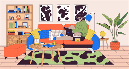 Work everywhere cartoon flat illustration. Cozy workspace. Hispanic man with laptop lying on sofa 2D line character colorful background. Home office benefits scene vector storytelling image