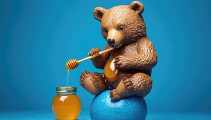 A bear eating honey and sit on a ball with blue background - obrazy, fototapety, plakaty