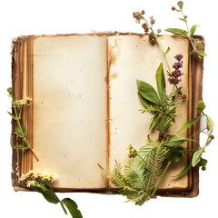 A vintage notebook open on a rustic wooden desk, surrounded by a garland of wildflowers, embodying a blend of study and nature, isolated on transparent background.