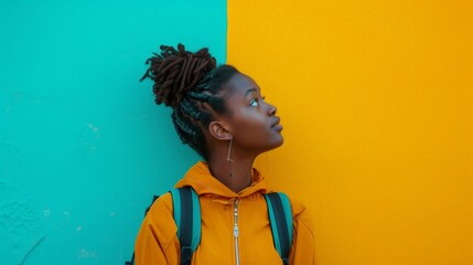 Portrait of a young African American girl with dreadlocks standing in front of a vibrant colorful background - obrazy, fototapety, plakaty