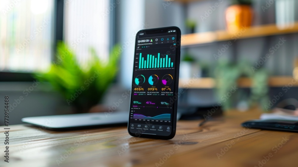 Poster smartphone displaying financial graphs on desk