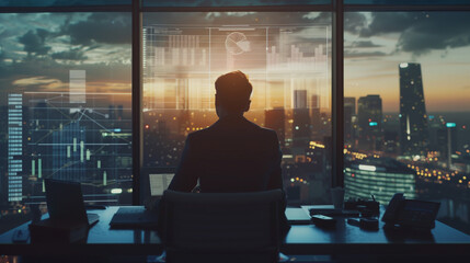 A cinematic still of an accountant in a sharp suit, surrounded by dynamic holographic financial charts and graphs, the city skyline in the background, evening ambiance with glowing lights - obrazy, fototapety, plakaty