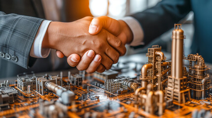 Two people in business attire shaking hands over a complex model of an industrial plant - obrazy, fototapety, plakaty
