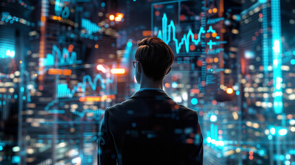 A cinematic still of an accountant in a sharp suit, surrounded by dynamic holographic financial charts and graphs, the city skyline in the background, evening ambiance with glowing lights