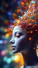 Digital portrait of a serene woman merging with glowing neural network, technology concept