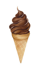 Watercolor chocolate ice cream in a cone. Illustration of ice cream isolated on white background. Chocolate cold dessert, sweet, yummy. Design and design of menus and packaging.