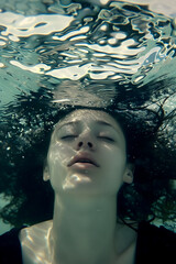 Underwater portrait of a person with serene expression surrounded by bubbles, with light filtering through water.