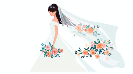 Beautiful bride with floral dress and veil flat vector