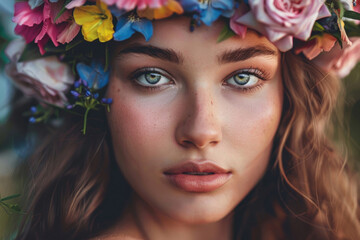 A close-up portrait of a beautiful young woman with a flower crown on her head