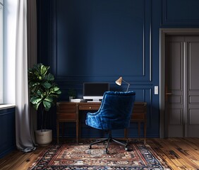 Modern Home Office Blue Walls, Blue Chair, Blue Rug, Blue Plant  Generative AI