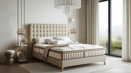 A high-quality beige bed with a comfortable mattress.