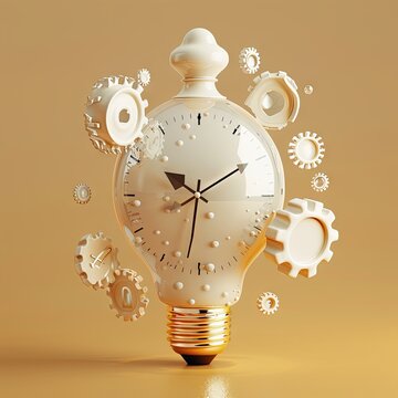 A concept image of a lightbulb with a clock face inside it, merging ideas of time and illumination on a peach background.