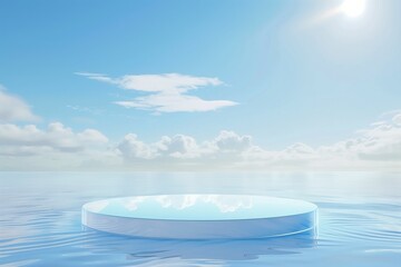 Fototapeta na wymiar Abstract transparent round platform podium for cosmetic products. Glass circle presentation display stand on blue water and sky background. Front view