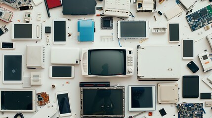 Old computers, digital tablets, mobile phones, many used electronic gadgets devices, broken household and appliances. Generative Ai