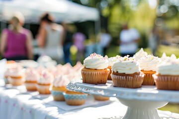 Community volunteers or office staff organizing fundraising event to support local charity or nonprofit organization. Closeup of table with homemade cupcakes and desserts for sale outdoors