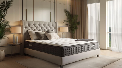 A high-quality grey bed with a comfortable mattress. - obrazy, fototapety, plakaty