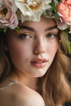A close-up portrait of a beautiful young woman with a flower crown on her head