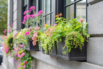 Fototapeta na wymiar Flower filled window boxes. Closeup of green perennial plants in window planters boxes adorning city building. Urban gardening landscaping design
